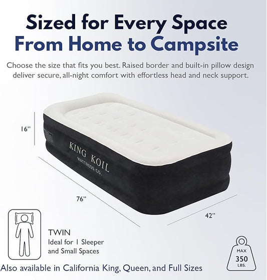 King Koil Plush Pillow Top Luxury Twin Air Mattress with Built-in High-Speed Pump for Camping, Home & Guests - Airbed Inflatable Blow Up Mattress, Waterproof, 1-Year Manufacturer Warranty.