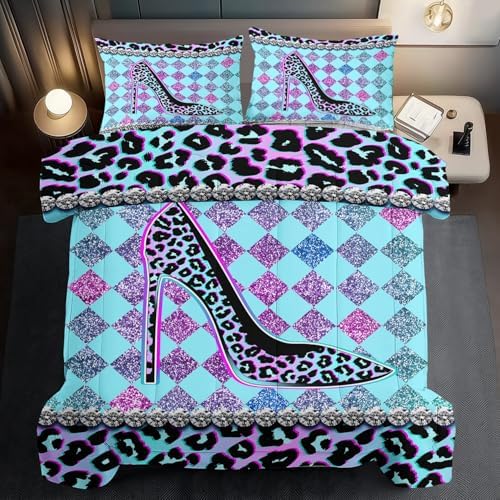 Rainbow Cheetah Print Comforter Set Twin Girls Sexy High Heels Leopard Print Bedding Set Women High Heels Leopard Comforter Quilt Bedroom Decor Animal Cheetah Bedding Bed Decor