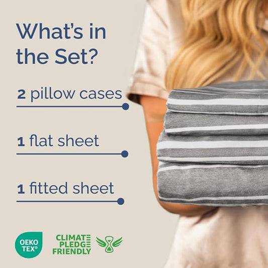 Full XL Bed Sheet - 4 Piece Full XL Bed Sheets Set - Soft, Breathable & Cooling - Hotel Luxury Bedding for Women, Men, Kids, Teens, Boys & Girls - Deep Pockets, Fade and Wrinkle Free - Grey Stripes