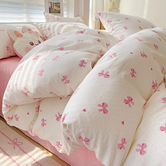 Nayoroom Pink Bow Duvet Cover Queen Size Heart Bows Printed Coquette Bedding Set 3 Pcs Kids Girls Cute Comforter Cover with Zipper Closure Soft Breathable Microfiber