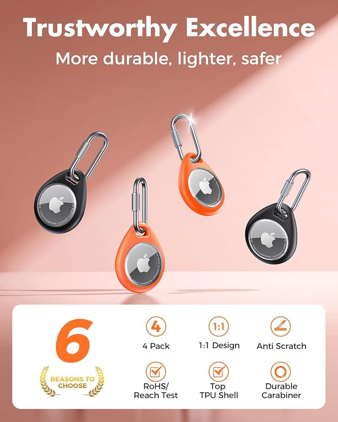 UNBREAKcable for AirTag Holder Case with Professional Carabiner, 4 Pack | Waterproof, Shockproof, Hold Securely, Easy to Install, Protective AirTag Keychain for Keys, Pets, Luggage-Black&Orange