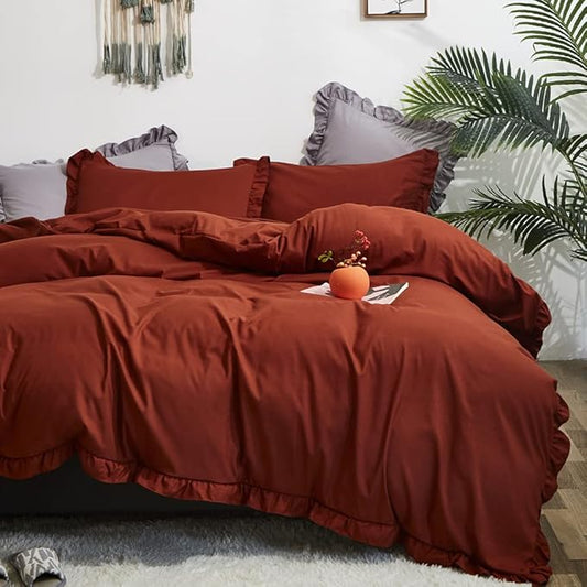 CLOTHKNOW Burnt Orange King Size Comforter Set Ruffle Bedding Comforter Sets Shabby Chic Vintage Rustic Comforter with 2 x Pillow Cases
