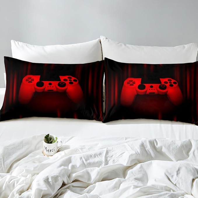 Feelyou Boys Gamer Comforter Set King Size Gaming Bedding Set Kids Video Games Comforter for Teen Child Gamer Room Decor Super Soft Red Black Bed Set Microfiber Game Geometric Duvet Quilted Gamer Gift