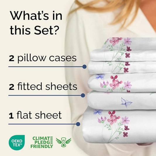Floral Sheets - Butterfly Floral Bed Sheet Set - 1 Flat, 2 Fitted & 2 Pillowcases w/ Deep Pockets - Wrinkle & Fade Free - Boho Botanical Bedding - Soft, Breathable and Cooling - Split King Size Set