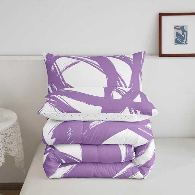 Purple and White Abstarct Comforter Set Twin Size for Kids Boys Girs,Graffiti Stripes Lines Bedding Set,Aesthetic Geometric Duvet Insert for Minimalists,Contemporary Boho Modern Art Quilt