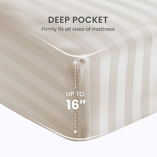 SLEEP ZONE Striped Cooling Sheets Set Full Size - Fitted Flat Sheet & Pillowcase Sets 4 Piece - Super Soft Stripe Bed Sheet, Easy Care, Deep Pocket (Beige, Full)