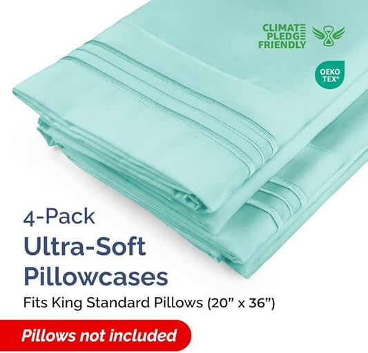 King Standard Pillow Cases Set of 4 - Soft Hotel Quality Pillowcase Covers - Comfy Bedding for Women, Men, Kids & Teens - Machine Washable Pillow Protectors - 4 Piece Set - King Standard Size Spa Blue