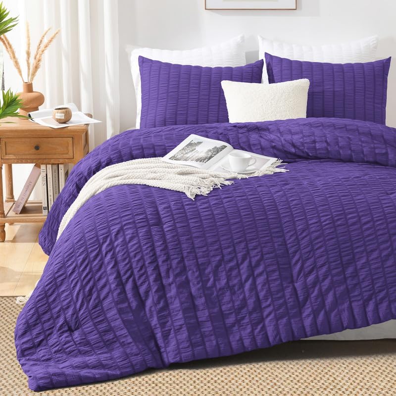 AveLom Dark Purple Seersucker King Comforter Set (104x90 inches), 3 Pieces-100% Soft Washed Microfiber Lightweight Comforter with 2 Pillowcases, All Season Down Alternative Comforter Set for Bedding