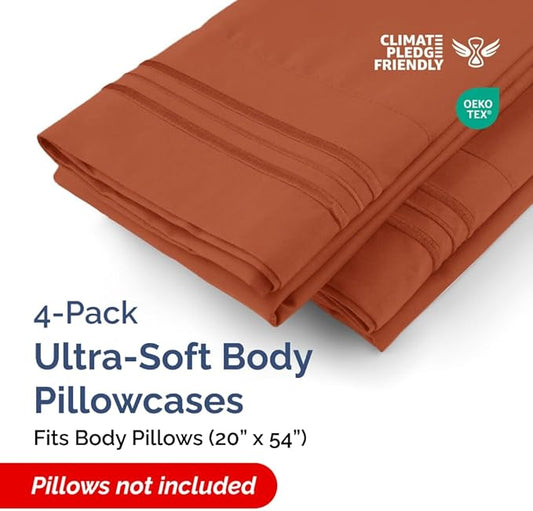 Body Pillowcases Set of 4-20x54 Long Body Pillow Case - Soft Body Pillow Cover for Sleeping & Side Sleepers - Comfy, Breathable & Fade Free - Machine Washable w/Envelope Enclosure - (Terracotta)