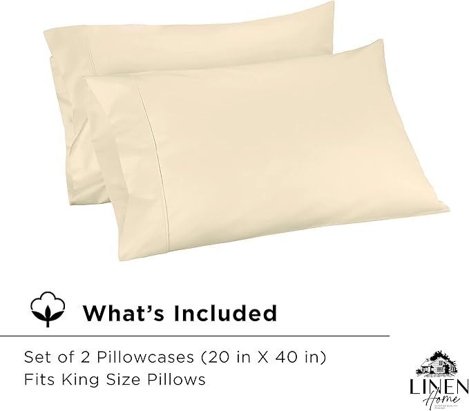Linen Home 500 Thread Count King Pillowcase Set | 100% Long-Staple Cotton Pillow Cases | Soft & Smooth Luxury Satin Set of 2 Pillowcases | 4 Inch Z Hem | Ivory