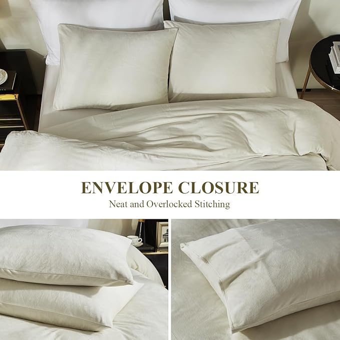 Ivellow Velvet Duvet Cover King Set Beige Velvet Duvet Cover King Comforter Cover 3Pcs Ultra Soft Duvet Cover Breathable Solid Luxury Flannel Velour Duvet Cover Zipper Closure Corner Tie