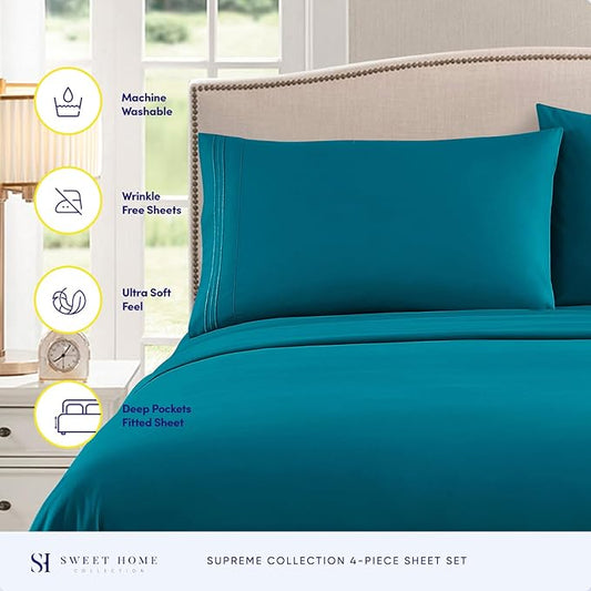 RV Queen Bed Sheets - Breathable Luxury Sheets with Full Elastic & Secure Corner Straps Built In - 1800 Supreme Collection Extra Soft Deep Pocket Bedding Set, Sheet Set, RV Short Queen, Teal