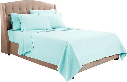 Clara Clark Flex Top King Sheets, 6 Piece Set - Hotel Luxury Sheets for Top Split King Bed, Super Soft Bedding Set, Head Split King Aqua Light Blue