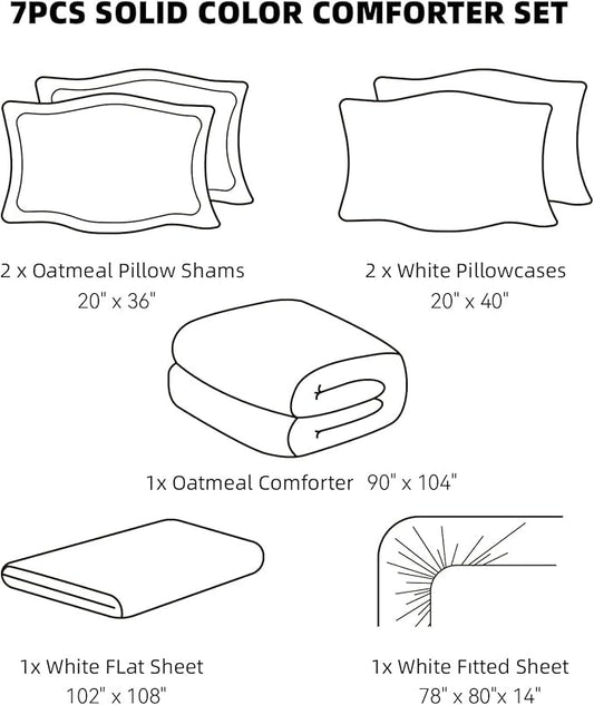 weigelia King Size Comforter Set 7 Pieces Oatmeal Comforter Set King Bed in a Bag Soft Fluffy Bedding Comforter with Sheets, Pillow Shams and Pillowcases for All Season