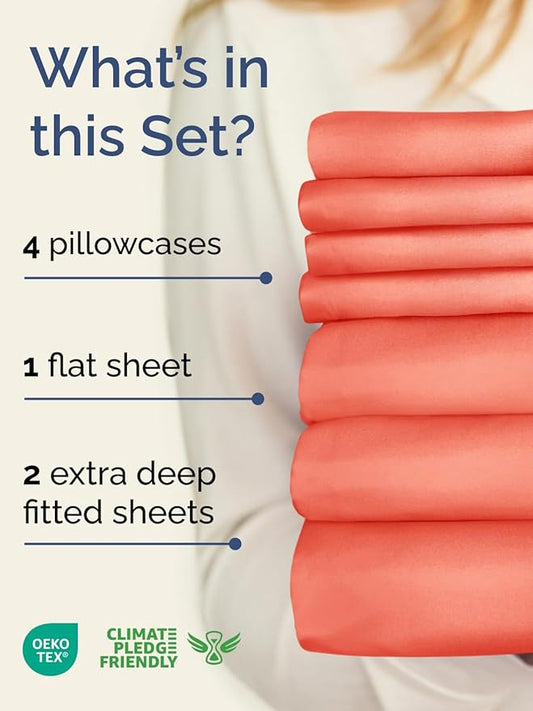 Extra Deep Split King Sheet Set - 7 Piece Breathable and Cooling Sheets - Hotel Luxury Bedding for Women, Men, Kids & Teens - Easy Secure Fit - Soft, Wrinkle Free & Comfy - Extra Deep Pockets - Coral