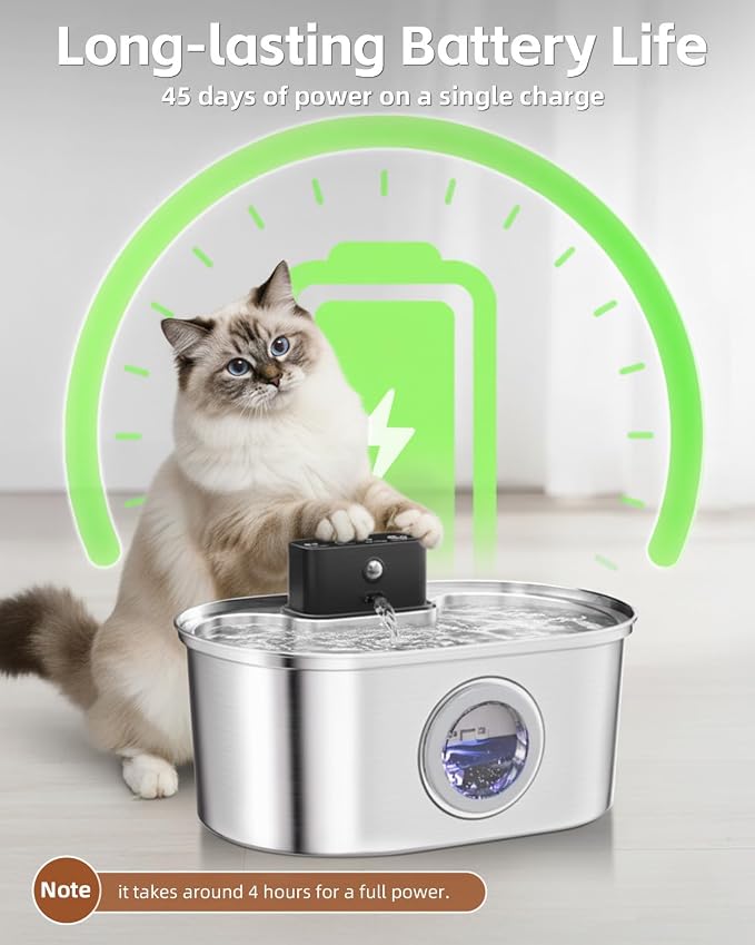 Cordless 3.2L/108oz Stainless Steel Cat Water Fountain Pet Fountain | Rechargeable Pet Water Dispenser - Motion Sensor Activation - Multi-Layer Filtration - Ultra-Quiet Pump (4 Filters)