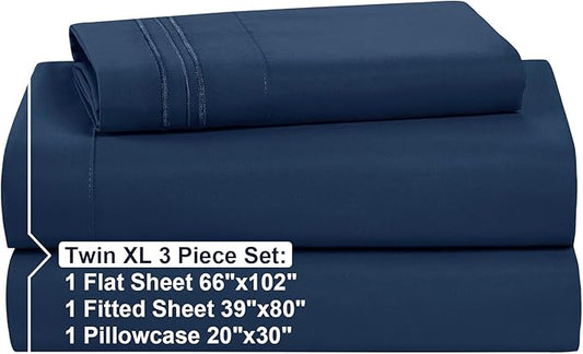 Nestl Twin XL Size Sheet Set, 4 Piece Extra Deep Pocket (18-24 inches), Microfiber, Hotel Luxury, Soft, Breathable, Wrinkle-Free, Easy to Care, Navy Blue