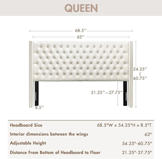 Madison Park Queen Wingback Upholstered Tufted Headboard, Featuring High-Density Sponge Padding, Adjustable Height Headboard, Easy Assembly, Beige Velvet
