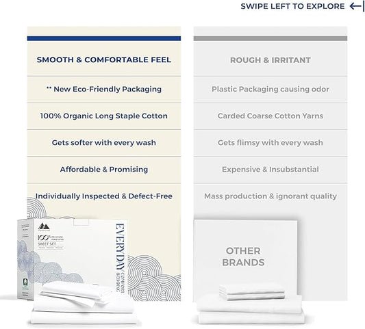 Mayfair Linen 100% Organic Cotton Percale Sheets Queen Size Pack or 2 - Soft & Crisp Organic Cotton Sheets Queen Size (8 PC, White), Fully Elasticized Eco Friendly Naturally Cooling Percale Sheet Set