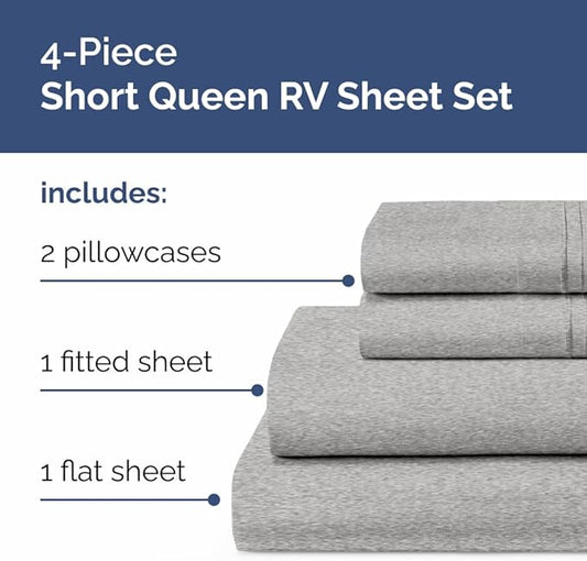 Short Queen Size 4 Piece Sheet Set - RV Short Queen, Soft, Breathable and Cooling Bed Sheets Set with Deep Pockets - Hotel Luxury Bedding for Women, Men, Kids, Teens, Boys and Girls - Heathered Grey