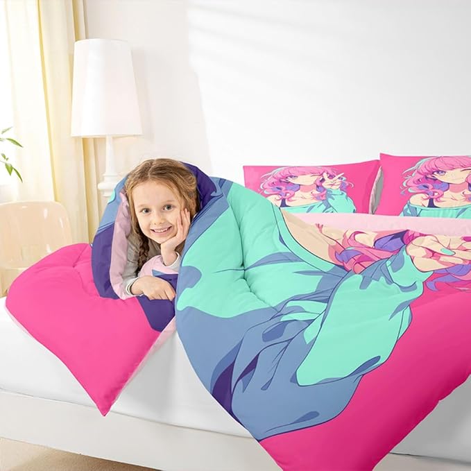 Erosebridal Japanese Anime Bedding 3D Anime Girl Comforter Set, Kawaii Japanese Style Bedding Comforter Sets Cartoon Uniform Girl Duvet Insert for Girls Hot Pink Room Decor, Queen