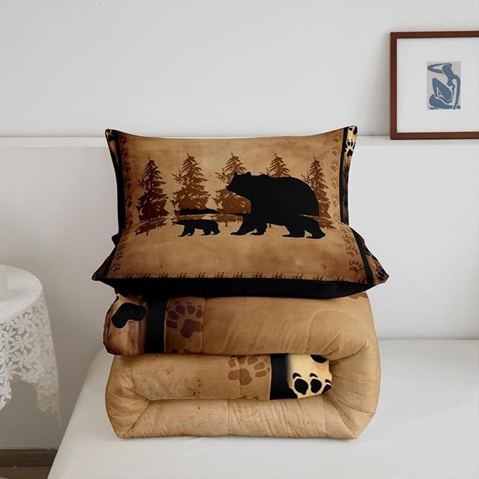 Feelyou Bear Comforter Set Queen Size Farmhouse Wild Animal Comforter Retro Cabin Lodge Bedding Set for Kids Boys Girls Brown Bear Paws Duvet Rustic Bedroom Decor Quilted 3Pcs