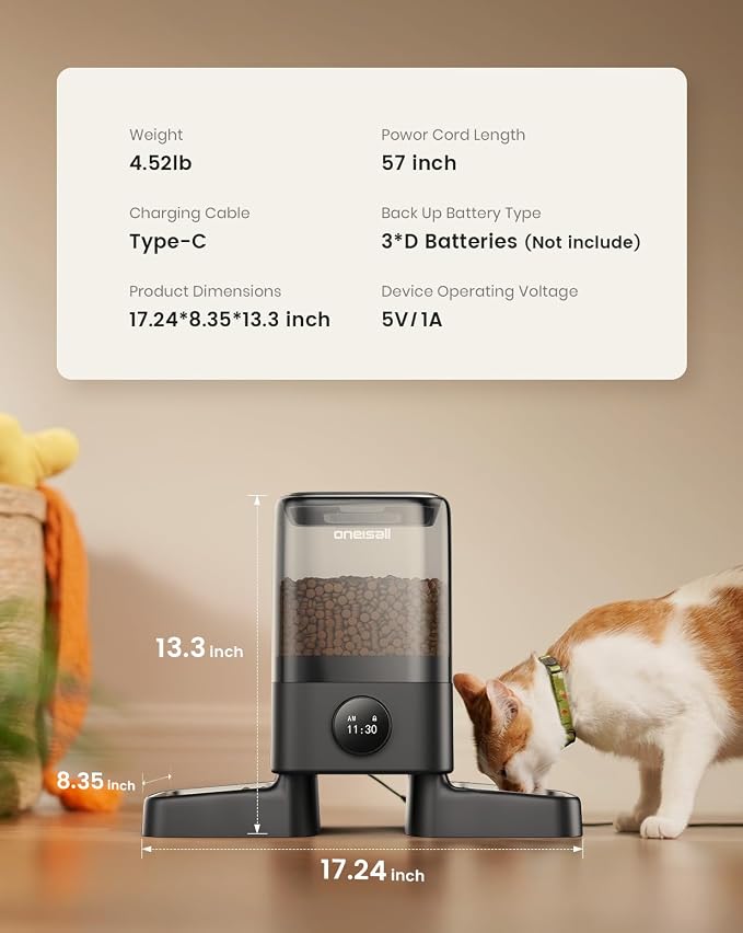 oneisall Automatic Cat Feeder for 2 Cats Pets, 20 Cups/5L | Prevent Fighting, Precise Portions, Balanced Dispensing, Large Kibble Support, Non-Slip & Stable, Stainless Steel Bowls