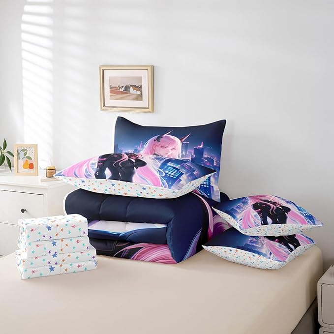 Erosebridal Japanese Anime Bed in A Bag with Sheets Queen, Anime Girl Comforter Set 7 Piece Kawaii Japanese Style Bedding Set Cartoon Japan Animation Bed Set for Boys Teens Adult Women Bedroom