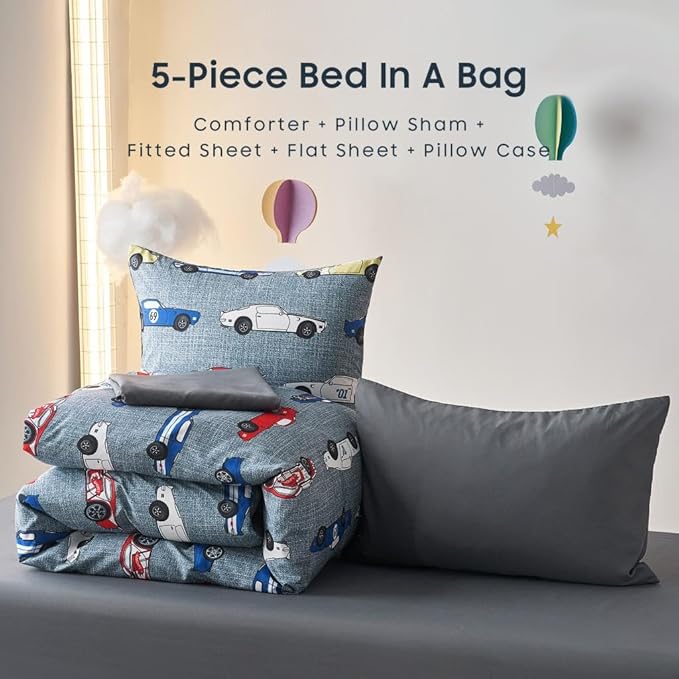 Wake In Cloud - Race Car Bedding Set for Boys, Cute Colorful Sports Car Supercar Wheels Comforter Set with Sheets, 5 Pieces Kids Bed in a Bag, Gray, Twin Size