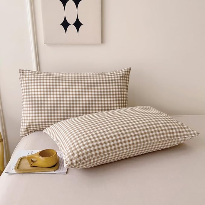 Nayoroom Brown Gingham Comforter Set Full Size Tan Plaid Checkered Comforter 3 Pieces Soft Lightweight Grid Farmhouse Dorm Bedding Set for All Seasons