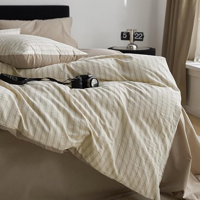 Nayoroom Beige Striped Duvet Cover Queen Size 100% Washed Cotton Duvet Cover Linen Like Textured, Reversible 3 Pieces Soft Breathable Yarn-Dyed Stripe Girls Dorm Bedding Set for All Seasons