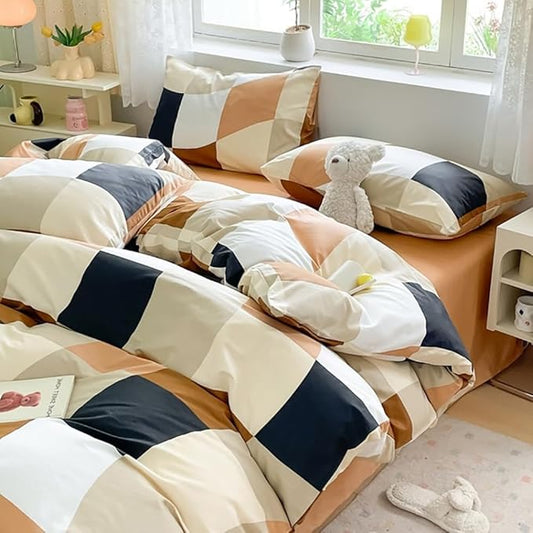 Hosueri White Beige Black Brown Cream King Plaid Comforter Set Men Women Warm Comfy Modern Multicolor Beige Orange Grid Bed Quilts Soft 3 Piece Distorted Checks Mosaic Dorm Bedding Sets King Blankets