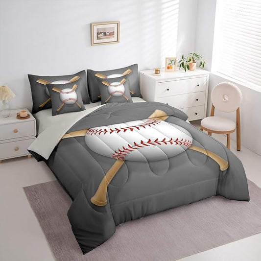 Erosebridal Baseball Bat 7 Piece Comforter Set Full Bed in a Bag,Sports Ball Bedding Sets Ball Game Sheet Set with Comforter