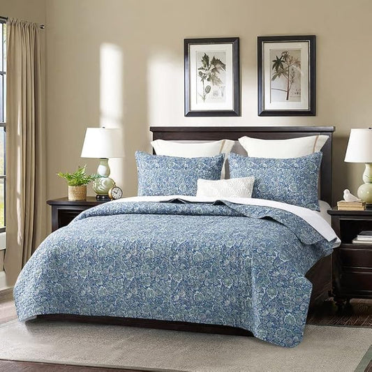 DURLENGEN Quilt Set Queen Size 3Pcs,Soft Microfiber Lightweight Bedspread,Blue & Green Paisley Floral Geometric Pattern Coverlet for All Season Layering(Queen 90x96,Paisley Blue)