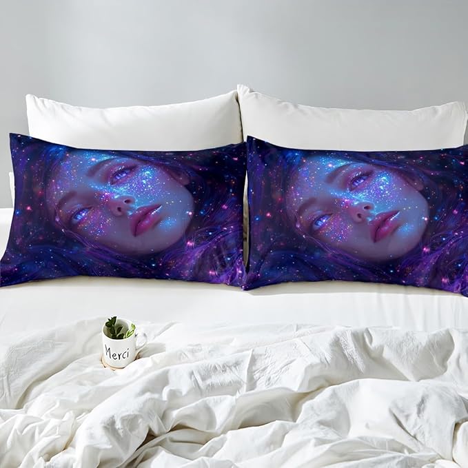 Erosebridal Anime Girl Bed Sheets Queen Size Galaxy Star Girls Fitted Sheet, Modern Fantasy Dreamy Girly Bed Set for Men Women Japanese Girl 3D Sheets 3 Pieces (No Flat Sheet)