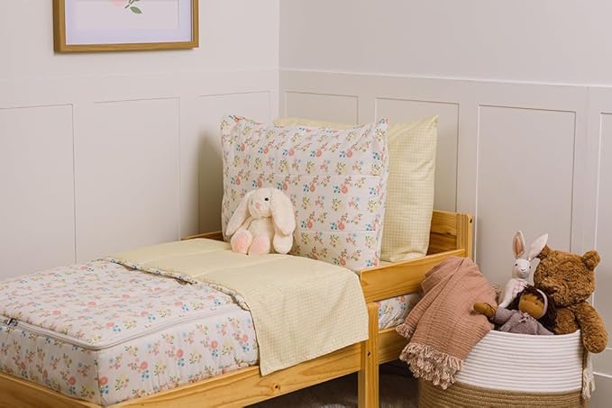 Beddy's Flower and Gingham Durable Zipper Bedding for Girls, Bed in a Bag, Floral Comforter & Yellow Gingham Sheets, Includes Pillowcase & Pillow Sham, Easy to Make & Wash - Toddler