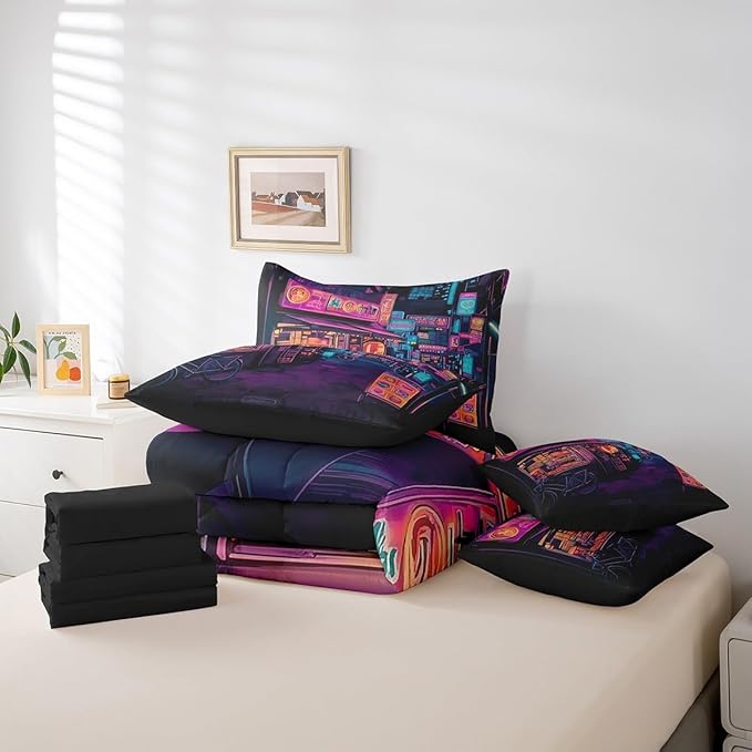 Feelyou Japan Art Comforter Set 7 Pieces King Size Tokyo Anime Bedding Set for Boys Girls Japanese Night City Bed in a Bag with Comforter, Sheets, Pillowcases & Cushion Covers