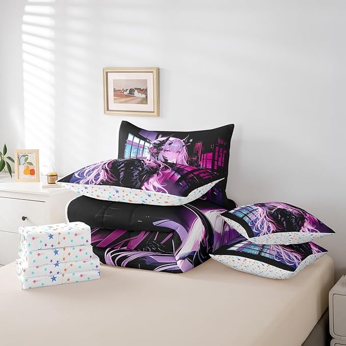 Erosebridal Japanese Anime 7 Piece Comforter Set Twin Size, Anime Girl Bed in A Bag Kawaii Japanese Style Bedding Set Cartoon Japan Animation Bed Set for Boys Teens Adult Women Bedroom Decor