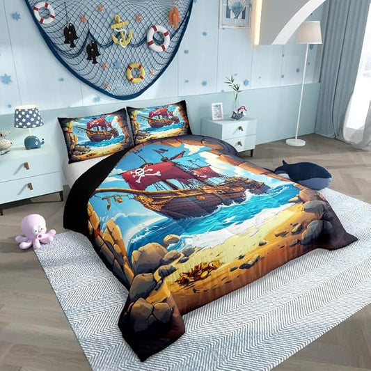Castle Fairy Pirate Boat Comforter Set Queen Size for Kids Boys Girls Navigation Treasure Adventure Bedding Sets All Season Gothic Sugar Skull Quilt Set Bedroom Decor Nautical Down Comforter,3Pcs