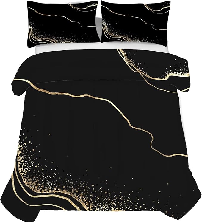 Marble Comforter Set Full/Queen Size Black and Gold Bedding for Girls Teen Women Men Bedroom Decor Texture Luxury Marbling Quilt Bed Sets, 1 Comforter 2 Pillowcases