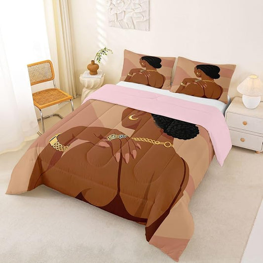 Erosebridal Fashion Black Woman Comforter Set Queen Size 3 Piece Romantic Makeup Themed Girls Bedding Set Fashionable Gorgeous Down Comforter Vogue Afro Girls Duvet Insert For Kids Teens Adult Bedroom