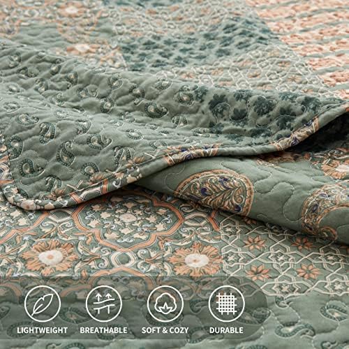 LEAONME Quilt Set King Size 3 Piece Bedspread Lightweight Microfiber Floral Paisley Olive Green, 98x106 Inch