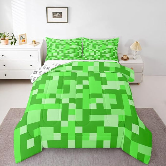 Pixelated Miners Game Kids Bedding Set King Size,Video Games Gamepad Gaming Comforter Set,Geometric Square Quilt Comforter,Light Green Bedroom Duvet Insert,2 Pillowcases