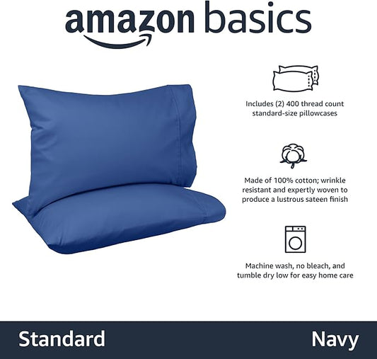 Amazon Basics 400 Thread Count 100% Cotton Pillow Cases, Soft & Breathable Sateen Weave, Machine Wash, Standard Size, 20" x 30", Navy, Set of 2
