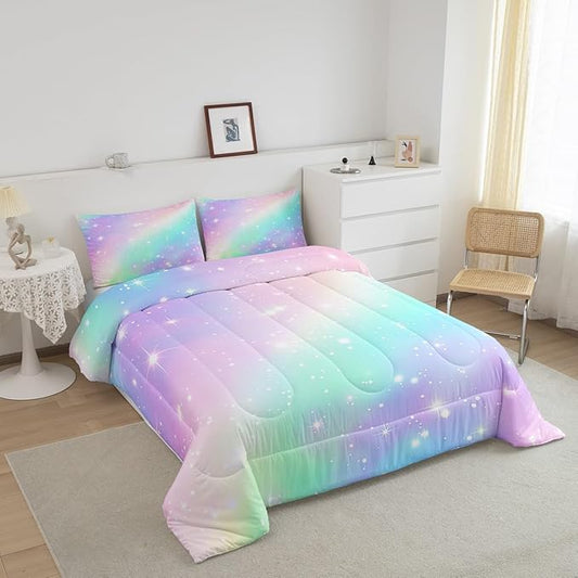 Ombre Rainbow Bedding Sets King Size Golden Stars Comforter Girls Tie Dye Duvet Insert Pink Purple Blue Princess Bedding Colorful Pastel Art Bedding Sets & Collections Sweet Bedroom Decor, Soft Warm