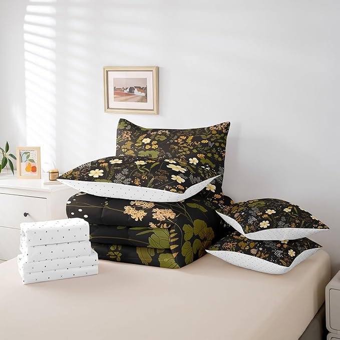 Wild Flowers Leaves King Comforter Set with Sheets Bed in a Bag 7 Pcs,Spring Botanical PlantsBed Set,Retro Country Decor Bedding Sets with Comforter,Flat,Fitted Sheet,Pillowcases,Pillow Covers