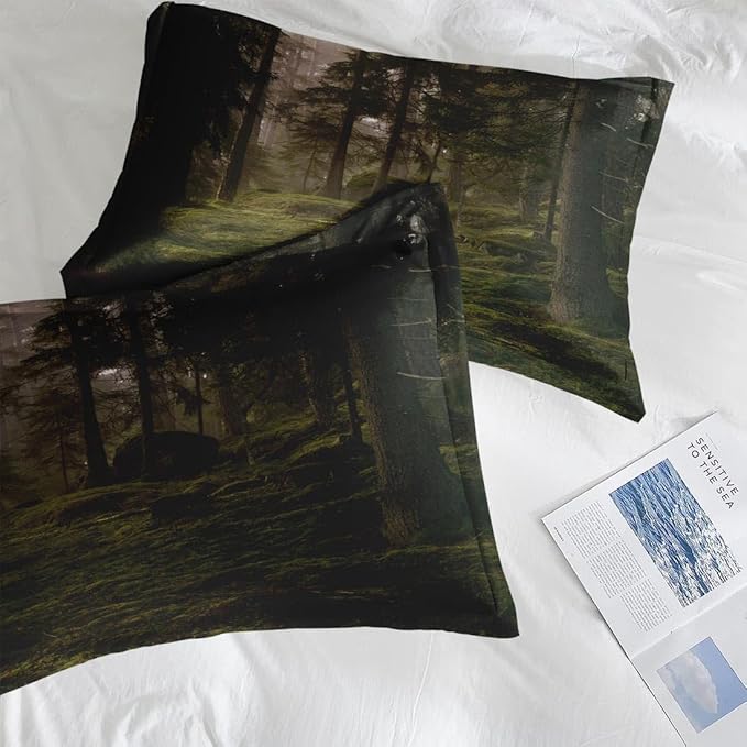 Comforter Set Full Size, Tree Forest 7 Pcs Bedding for Kids and Adults, Mystic Mountain Plant Leaf Bed Sheet Sets with Fitted Sheet 2 Pillowcases & 2 Shams for Bedroom Bed Decor