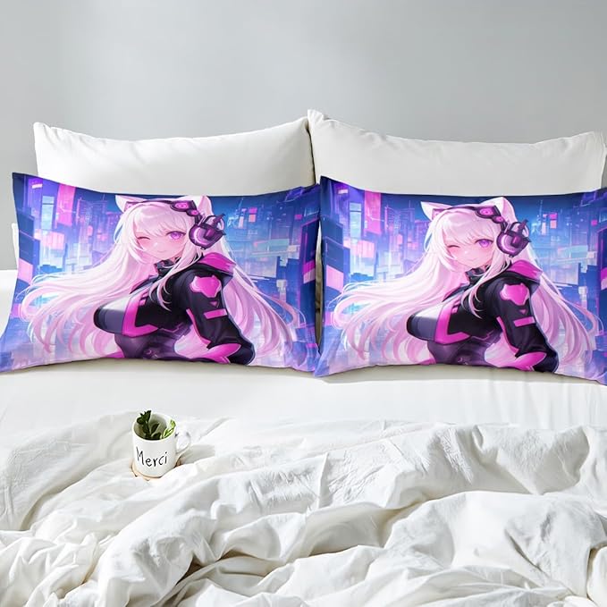 Erosebridal Full Anime Girl Bed Sheets 3 Piece, Kawaii Japanese Anime Bedding Set Cartoon Girl Fitted Sheet Sci Fi Style Japanese Animation Sheets for Kids Girls Teens Adult Room