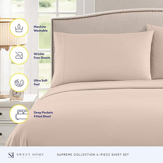 Queen Size Bed Sheets - Breathable Luxury Sheets with Full Elastic & Secure Corner Straps Built In - 1800 Supreme Collection Soft Deep Pocket Bedding, Sheet Set, EXTRA DEEP pocket - Queen, Beige