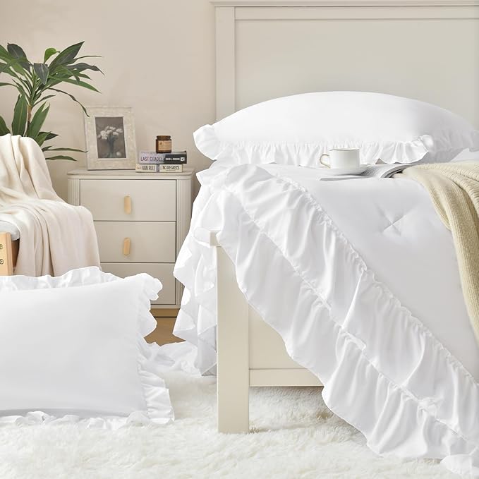 Cupocupa White Queen Comforter Set, 3Pcs Ruffle Comforters Queen/Full Size Farmhouse Bedding Sets with Comforter, Lightweight Fluffy Soft Shabby Chic Bedding Comforter Sets